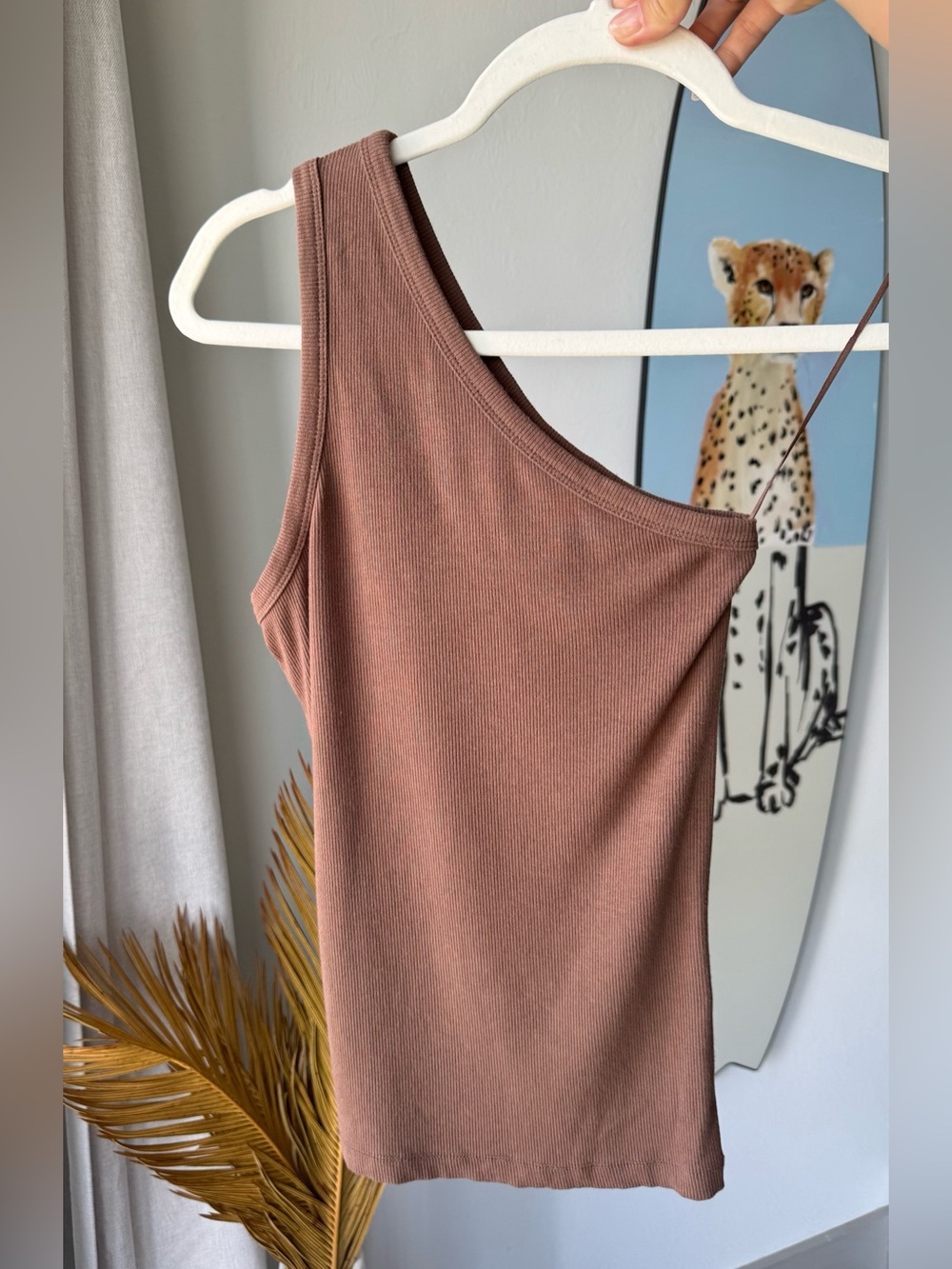 Olivaceous Brown One Shoulder Ribbed Tank Knit Asymmetric Basic Camisole